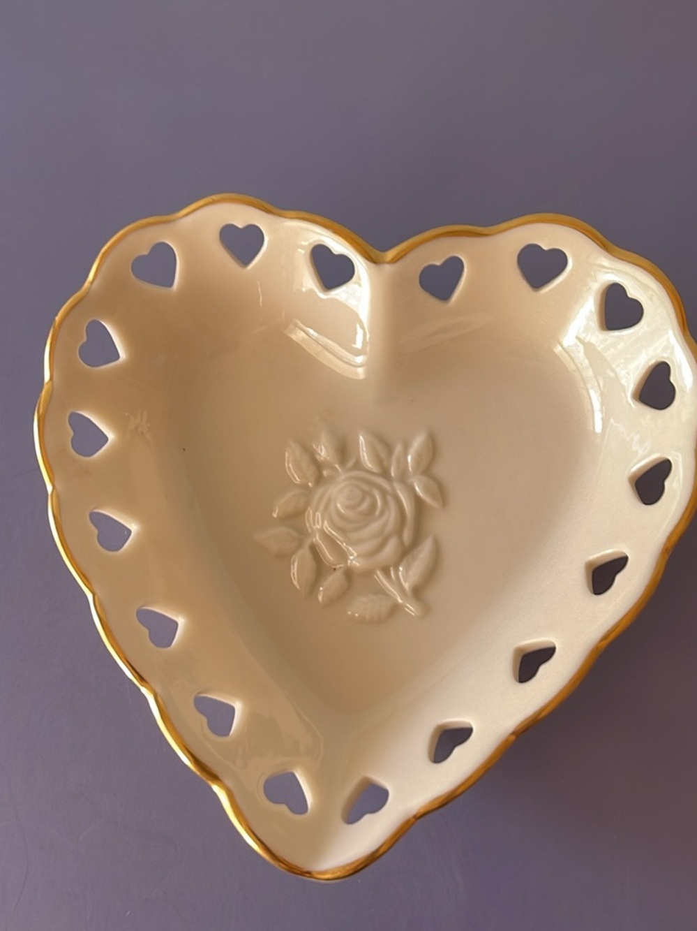 Lenox Cream Heart-Shaped Ceramic Dish with Gold Trim and Rose Motif